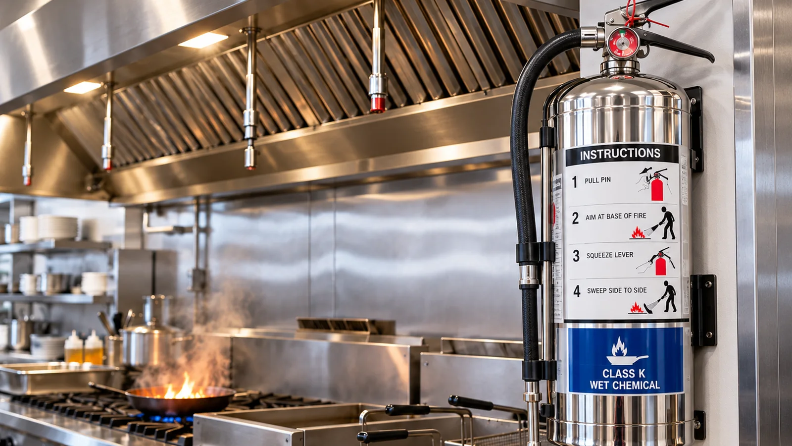 Class K wet chemical extinguisher mounted beside a commercial kitchen range