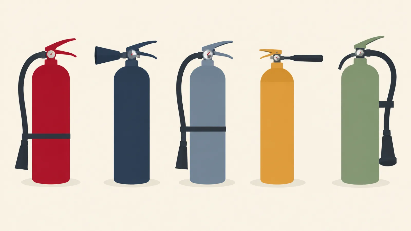 Five fire extinguishers in different colors shown side by side